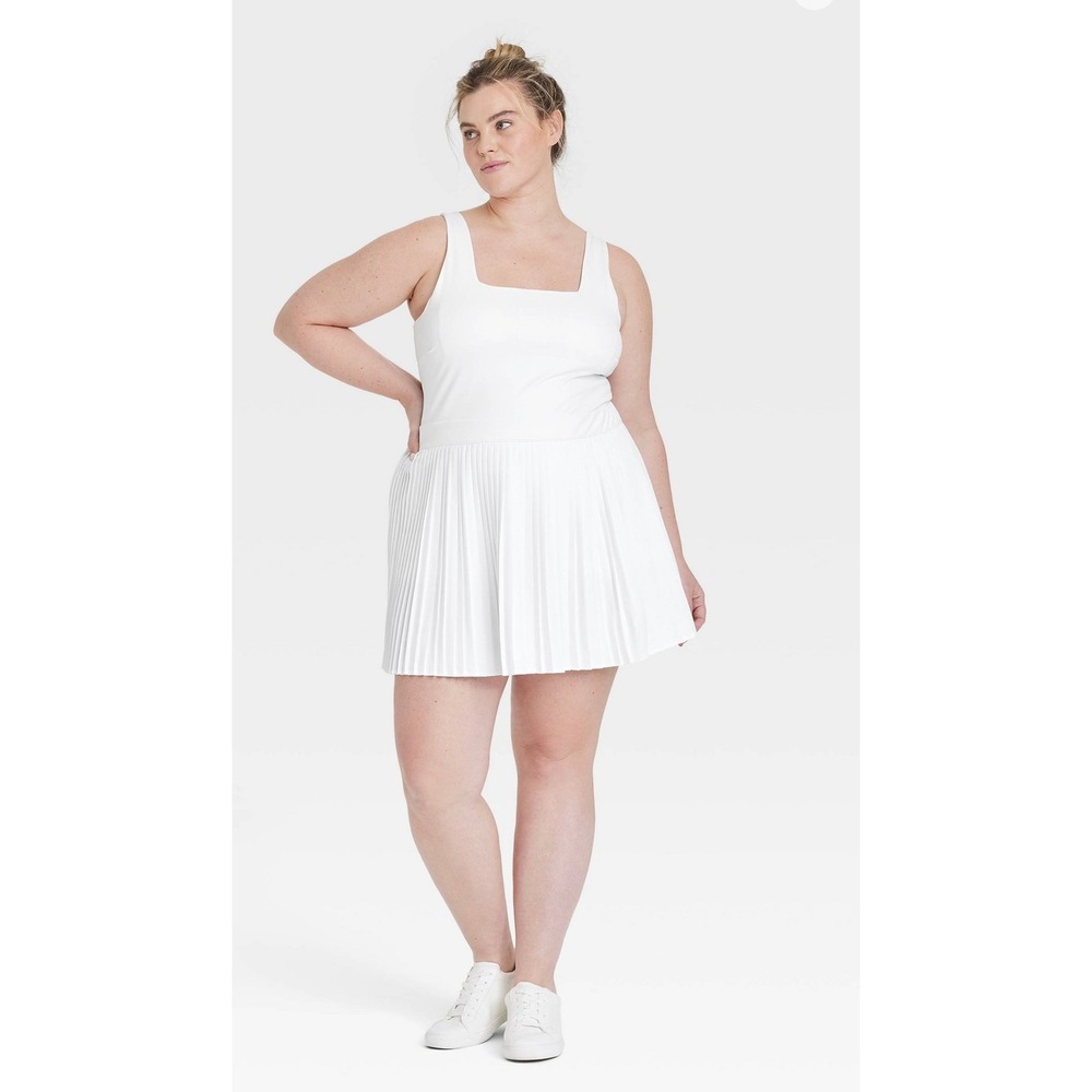 All in Motion White Tennis Dress Athletic Pleated Skirt Square Neck Activewear